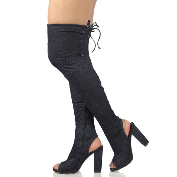 Shoes - Blue Denim Over the Knee Back Tie Block Heel Boot